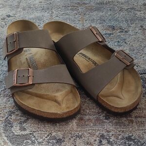 Birkenstock Arizona Two-Strap Sandals in Taupe with Copper Buckles